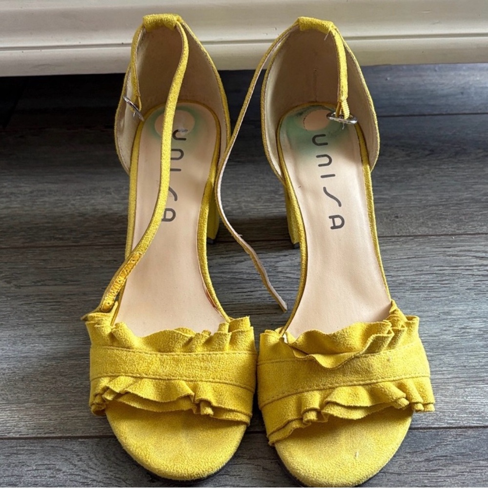 Unisa Yellow Ruffle Ankle-Strap Block Heels